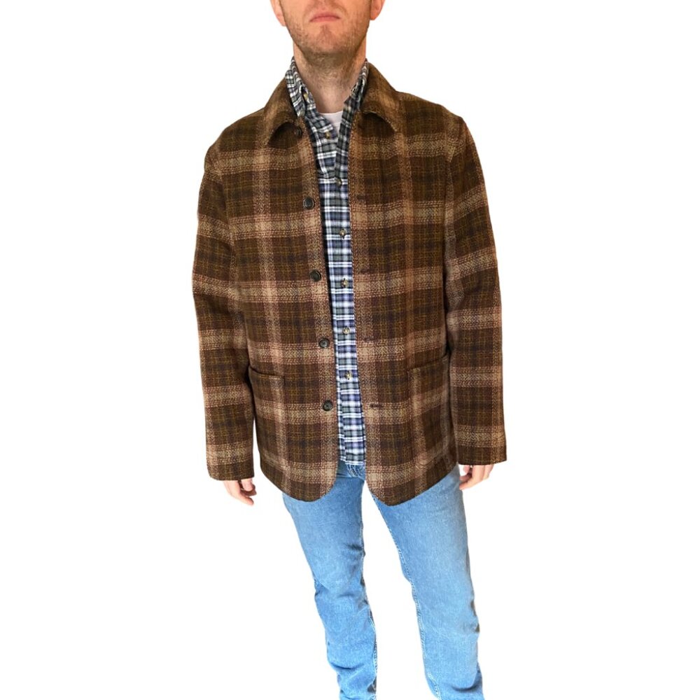J CREW |  Chore Coat Jacket Rust Plaid Double Faced Italian Wool | SIZE M
